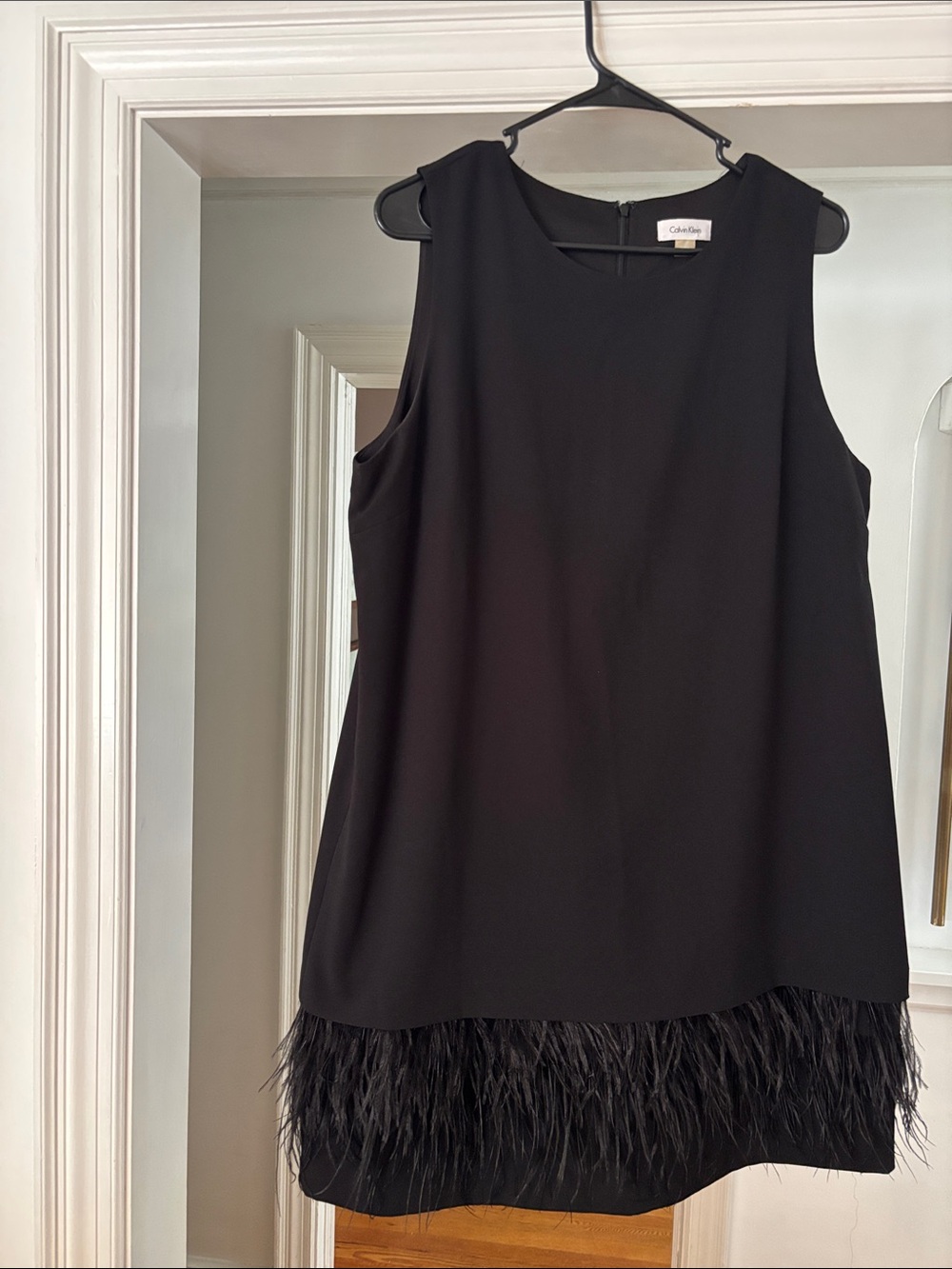 Calvin Klein Black Sleeveless Mini Dress with Feather Hem